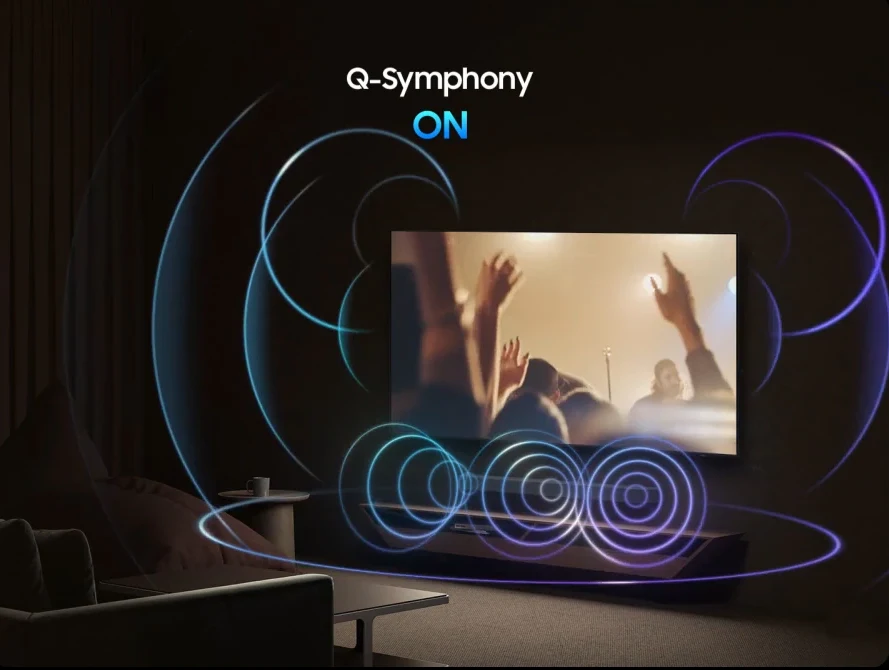 QA43Q7FAAUXMV Maroc Smart TV Samsung 43 QLED Q7F Maroc Smart TV Samsung Maroc Samsung 43 QLED Q7F 4K, La technologie Samsung synchronise le son du téléviseur et de la barre de son en harmonie, sans désactiver les haut-parleurs d'un des appareils.