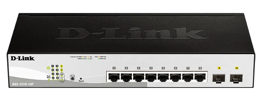 Switch D-Link DGS-1210-10P Maroc Switch 8 ports Gigabit PoE Maroc Commutateur D-Link 8 ports PoE Maroc, Dotée d'une gamme complète de fonctionnalités L2, DGS-1210P inclut la surveillance IGMP, la mise en miroir des ports, le protocole Spanning Tree et le protocole LACP (Link Aggregation Control Protocol)