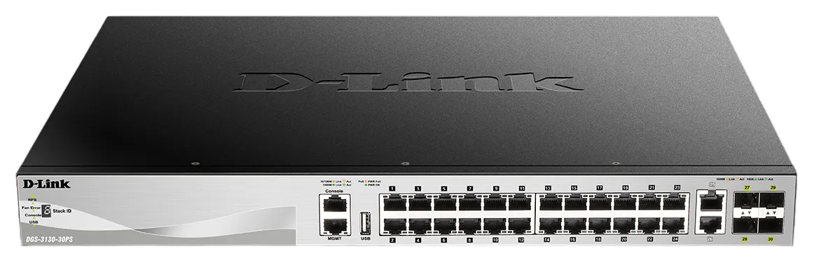 D-Link DGS-3130-30PS Switch 24 ports Gigabit Ethernet PoE+ 2 ports 10G BASE-T+ 4 ports 10G SFP+ Géré (DGS-3130-30PS) 27 Switch D-Link DGS-3130-30PS Maroc Switch 24 ports Gigabit PoE Maroc Commutateur géré 24 ports D-link Maroc, Le DGS-3130-30PS offre aux utilisateurs les dernières fonctionnalités de sécurité, telles que les listes de contrôle d'accès (ACL) multicouches et de contenu de paquets