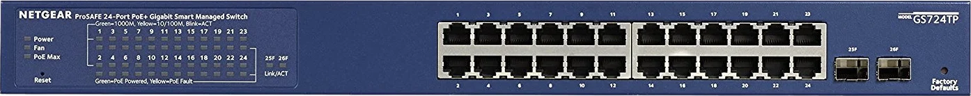 Switch Netgear GS724TP Maroc Switch administrable Maroc Switch 24 ports PoE 190W Maroc Switch 24 ports Netgear Maroc, Le switch Gigabit Netgear GS724TP 24 ports avec PoE+ et 2 ports SFP rejoint la gamme de switchs intelligents autonomes NETGEAR, intégrant la prise en charge PoE+ 24 ports pour le déploiement d'appareils PoE haute puissance modernes. 