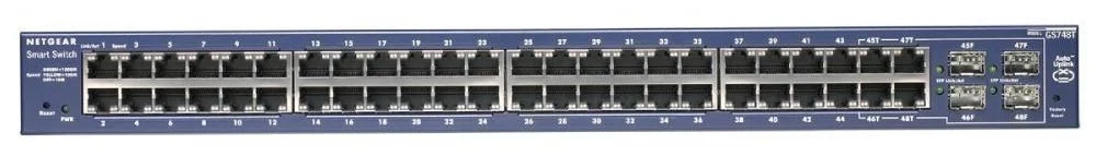 Netgear GS748T Switch 48 ports Gigabit 4xSFP manageable niveau 2+ (GS748T) 26 Switch Netgear GS748T Maroc Switch manageable niveau 2 Maroc Switch 48 ports Gigabit 4xSFP Maroc Switch 48 ports Netgear Maroc, Rejoignez la famille des smarts switches de NETGEAR avec un switch manageable simple d'utilisation, sans surcoût, grâce à ce switch gigabit 48 ports 1U. Ce switch permet l'optimisation de la bande passante et de la densité, pour des performances et des capacités remarquables