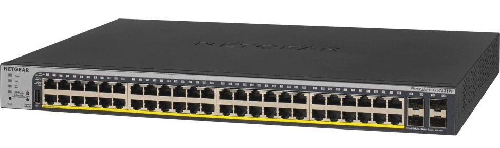 Netgear GS752TPP Switch administrable gigabit 48 ports PoE+ 4 x SFP 760W Géré L4 (GS752TPP) 28 Switch Netgear GS752TPP Maroc Switch administrable Maroc Switch 48 ports PoE Maroc Switch 48 ports Netgear Maroc, Switch Netgear GS752TPP équipé de quatre ports SFP pour les liaisons montantes fibre et d'un contrôle du ventilateur basé sur la température pour des performances plus silencieuses