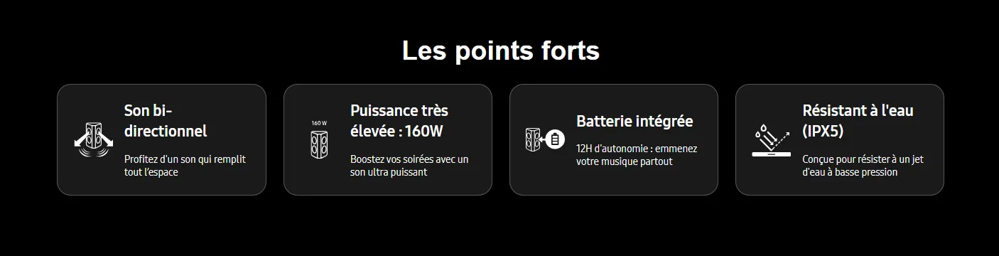 MX-ST40B/MV Maroc Samsung MX-ST40B Maroc Tour de son ultra Bluetooth Maroc Samsung Sound Tower MX-ST40B Maroc, son amplificateur intégré délivre 140 watts pour un volume sonore puissant. Sur batterie, il ajuste sa puissance à 60 watts pour une autonomie prolongée.