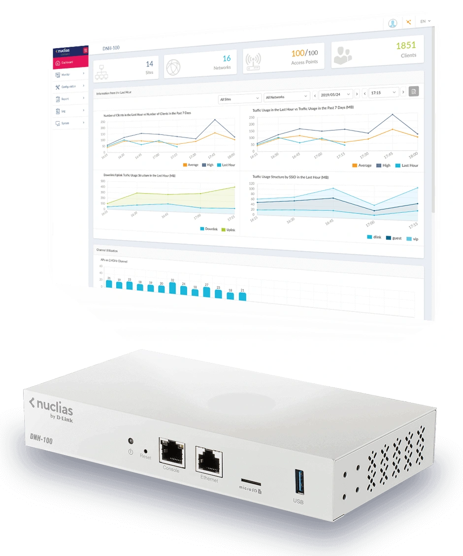 Nuclias Connect D-Link DNH-100 Maroc Controller Nuclias Connect Wireless Maroc Controller points d'accès Maroc, Préchargé avec le logiciel de gestion réseau centralisée Nuclias Connect, le hub D-Link DNH-100 Nuclias Connect prend en charge un grand nombre de points d'accès D-Link existants et peut gérer jusqu'à 100 points d'accès (PA) et commutateurs intelligents (série DGS-1210)