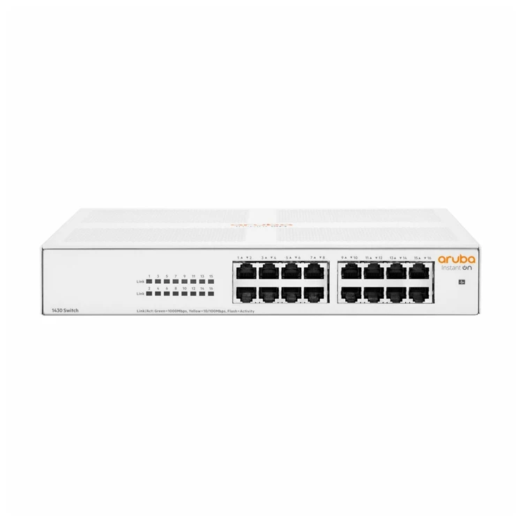 Aruba Instant On 1430 16G Switch 16 ports 10/100/1000 non géré (R8R47A) 25 R8R47A Maroc Commutateur Aruba Instant On 1430 16G Maroc Switch 16 ports Aruba Maroc Commutateur 16 ports non géré Maroc, Ces commutateurs faciles d’utilisation offrent des fonctionnalités Gigabit Ethernet de couche 2 à un prix abordable pour relier et partager des ressources quotidiennes, comme des imprimantes et des points d’accès, sans configuration réseau complexe.