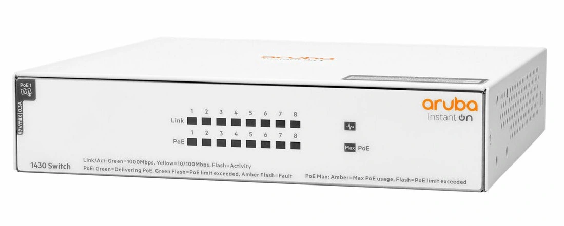 R8R46A Maroc Commutateur Aruba Instant On 1430 8G Class4 PoE Maroc Switch 8 ports Aruba Maroc Commutateur non géré Maroc, Les modèles de la série de commutateurs HPE Aruba Networking Instant On 1430 8G Class4 PoE sont faciles d’utilisation, et ne requièrent aucune configuration ni gestion continue.