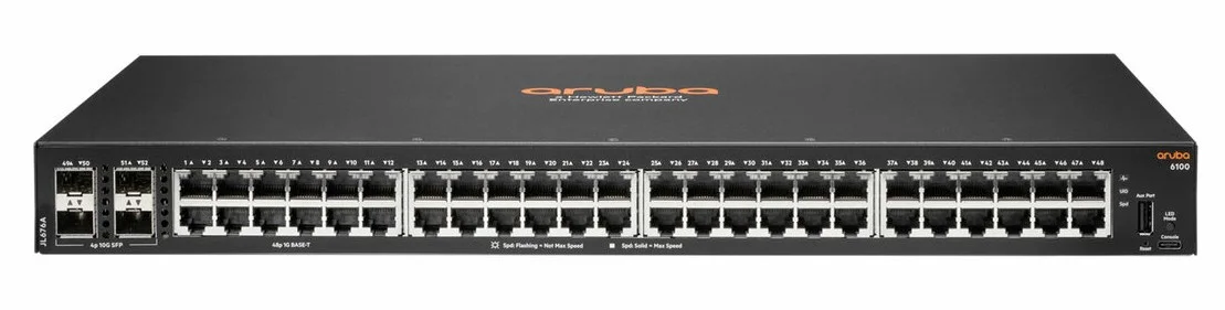 Aruba 6100 48G 4SFP+ Switch 48 ports 10/100/1000 + 4 x 1 Gigabit / 10 Gigabit SFP+ (JL676A) 27 JL676A Maroc HPE Aruba 6100 48G 4SFP+ Maroc Switch 48 ports HPE Aruba Maroc Switch Administrable Maroc, La gamme de commutateurs HPE Aruba 6100 48G 4SFP+ offre la connectivité Gigabit avec des liaisons montantes haut débit et une fonction PoE en option, permettant d’assurer une connectivité d’accès filaire d’entrée de gamme, fiable et pratique pour les réseaux des PME et des succursales d’entreprise.