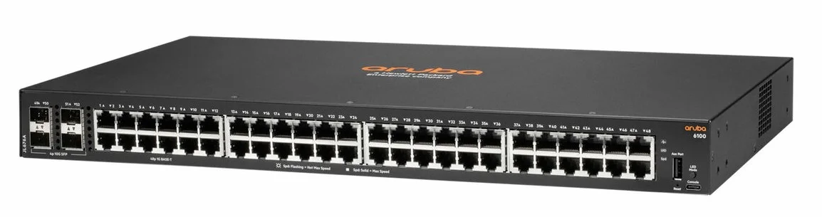 Aruba 6100 48G 4SFP+ Switch 48 ports 10/100/1000 + 4 x 1 Gigabit / 10 Gigabit SFP+ (JL676A) 28 JL676A Maroc HPE Aruba 6100 48G 4SFP+ Maroc Switch 48 ports HPE Aruba Maroc Switch Administrable Maroc, La gamme de commutateurs HPE Aruba 6100 48G 4SFP+ est conçue avec une architecture Aruba ASICS, qui offre une latence très faible, une mémoire tampon de paquets accrue et une consommation d’énergie adaptative.