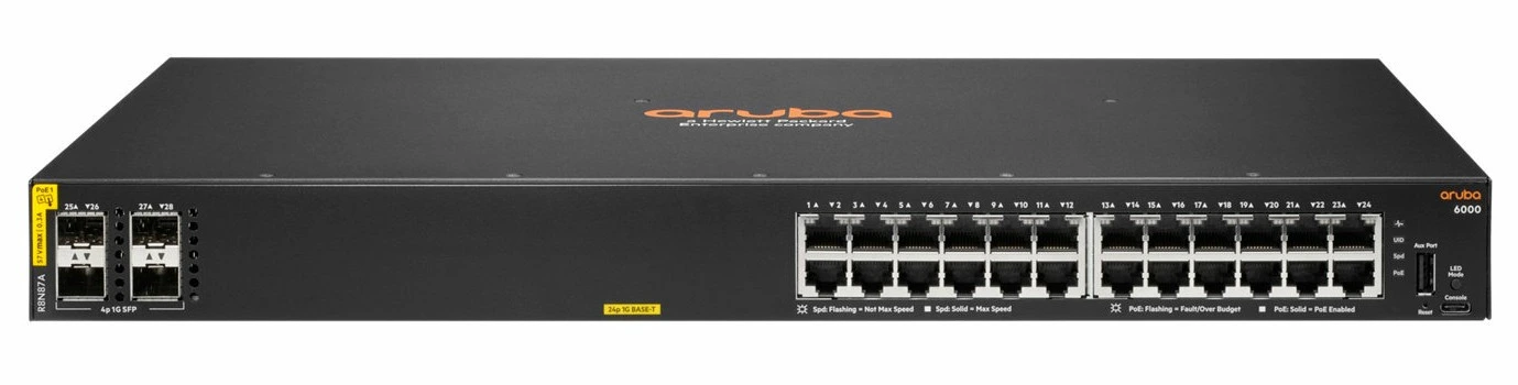 Aruba 6000 24G Class4 PoE 4SFP Switch 24 ports 4xSFP PoE 370W (R8N87A) 27 R8N87A Maroc Commutateur HPE Aruba 6000 24G Class4 PoE 4SFP 370W Maroc Switch 24 ports PoE HPE Aruba Maroc Switch Administrable Maroc, La gamme de commutateurs HPE Aruba 6000 24G Class4 PoE 4SFP offre une connectivité Ethernet Gigabit et une fonction PoE en option, permettant d’assurer une connectivité d’accès filaire d’entrée de gamme, fiable et pratique pour les réseaux des PME et des filiales d’entreprise.