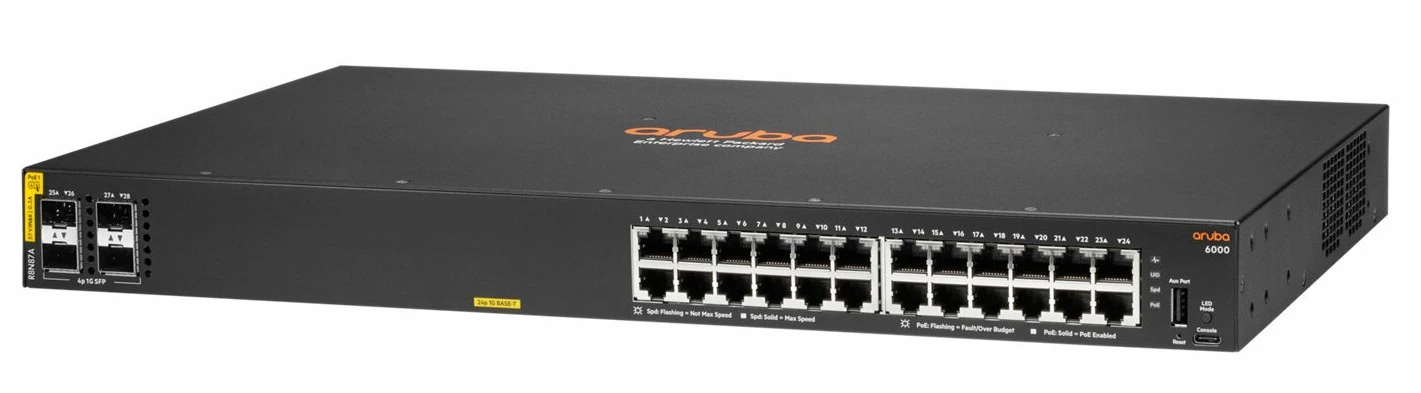 Aruba 6000 24G Class4 PoE 4SFP Switch 24 ports 4xSFP PoE 370W (R8N87A) 28 R8N87A Maroc Commutateur HPE Aruba 6000 24G Class4 PoE 4SFP 370W Maroc Switch 24 ports PoE HPE Aruba Maroc Switch Administrable Maroc, La gamme de commutateurs HPE Aruba 6000 24G Class4 PoE 4SFP est conçue avec une architecture Aruba ASICS, qui offre une latence très faible, une mémoire tampon de paquets accrue et une consommation d’énergie adaptative.
