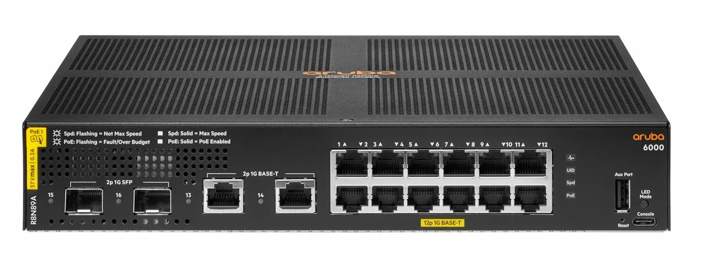 Aruba 6000 12G Classe 4 PoE 2G/2SFP Switch 12 ports 2xSFP PoE 139W (R8N89A) 27 R8N89A Maroc Aruba 6000 12G Classe 4 PoE 2G/2SFP Maroc Switch 12 ports PoE HPE Aruba Maroc Switch Administrable Maroc, La gamme de commutateurs HPE Aruba 6000 12G Classe 4 PoE 2G/2SFP offre une connectivité Ethernet Gigabit et une fonction PoE en option, permettant d’assurer une connectivité d’accès filaire d’entrée de gamme, fiable et pratique pour les réseaux des PME et des filiales d’entreprise.