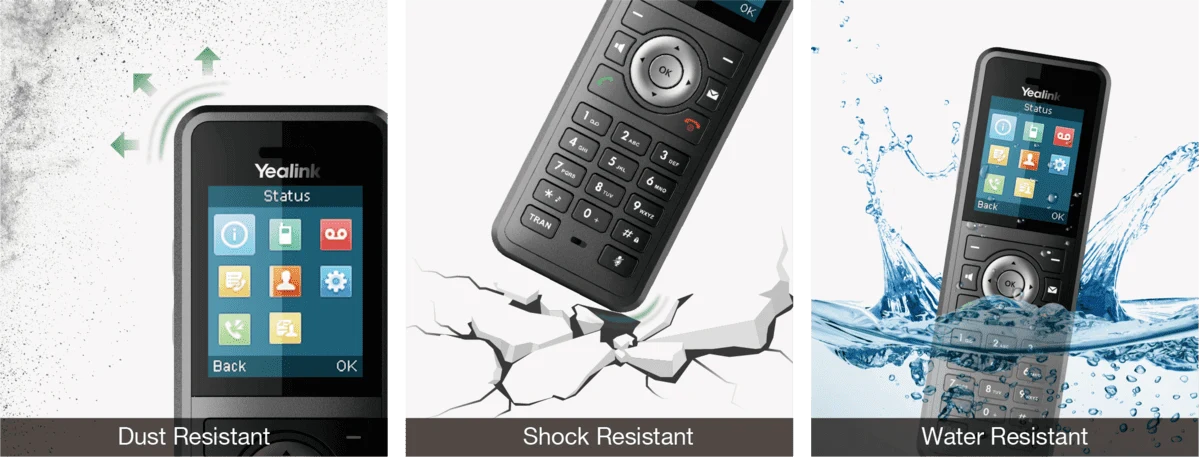 Yealink W59R Téléphone DECT IP sans fil Bluetooth IP67 (W59R) 27 Téléphone Yealink W59R Maroc Téléphonie DECT Maroc Téléphone IP Maroc Téléphone sans fil Maroc Téléphone DECT Bluetooth Maroc, le Yealink W59R est un compagnon idéal grâce à son indice de protection IP67, garantissant une fiabilité à toute épreuve même dans les environnements de travail les plus exigeants