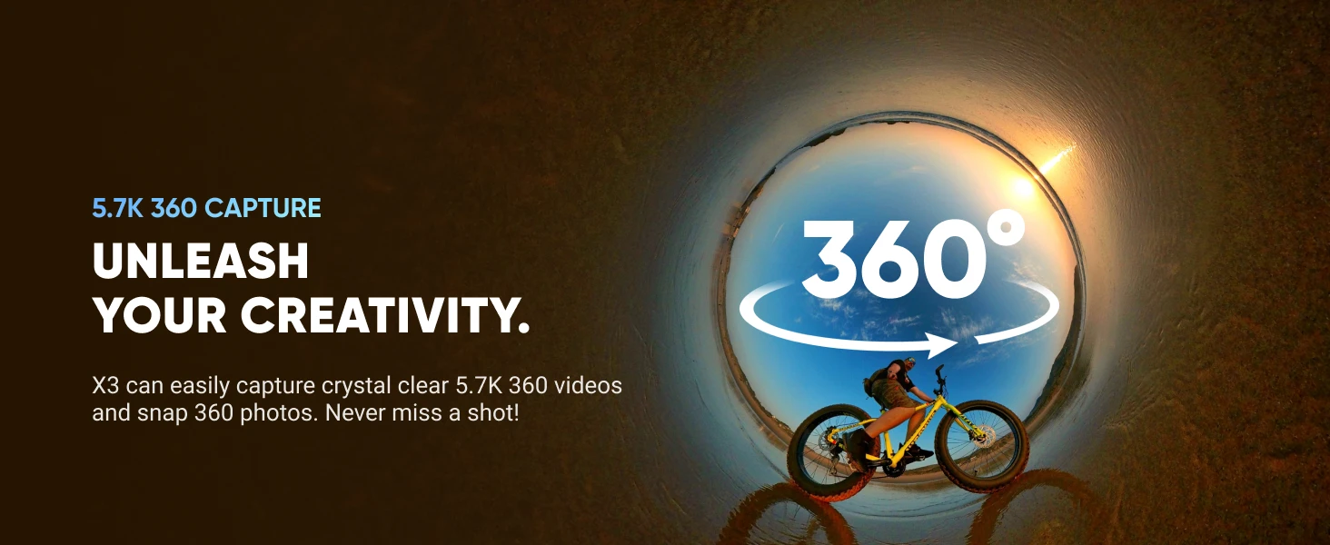 6970357853922 Maroc Caméra d'action Maroc Insta360 Maroc Insta360 X3 USB-C Maroc Caméra d'action 360° Maroc Caméra d'action étanche Maroc, Le double objectif 360° du insta360 X3 USB-C permet de capturer facilement des vidéos jusqu'en 5,7K et des photos de 72 Mpx 