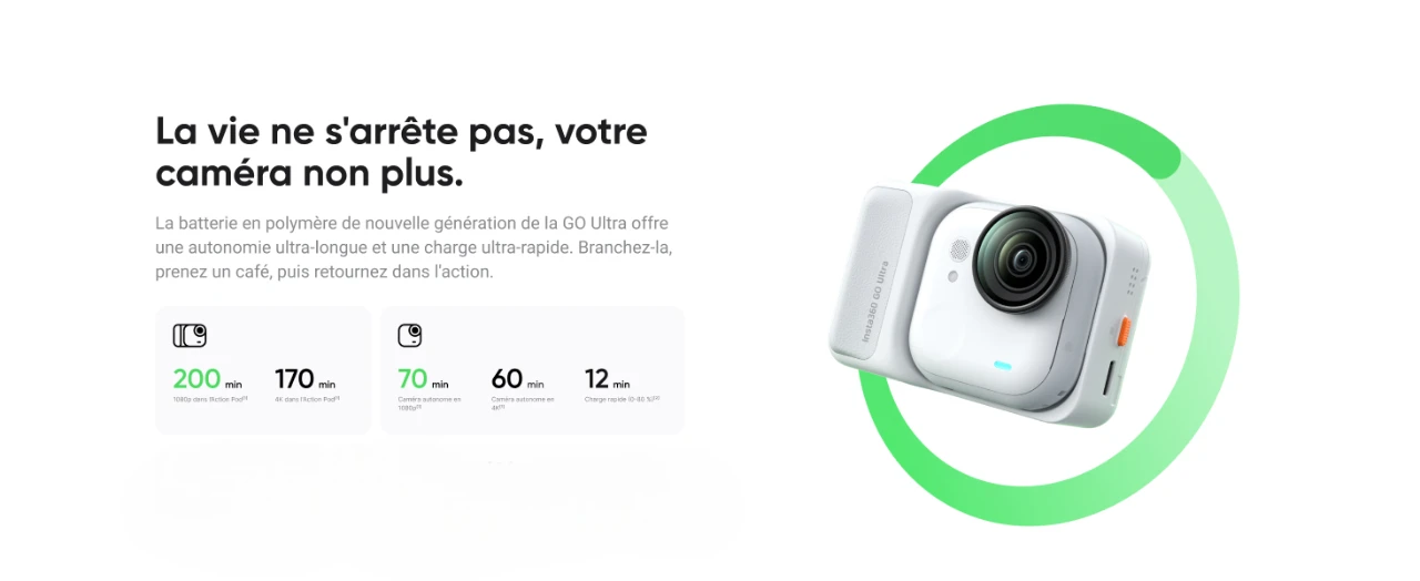 6977644761342 Maroc Caméra d'action Maroc Insta360 Maroc Insta360 GO Ultra Blanc Maroc Caméra d'action 360° Maroc Caméra d'action étanche Maroc, L'Insta360 GO Ultra Blanc est équipée d'une batterie de 500 mAh pour la caméra autonome et d'une batterie de 1 450 mAh pour le module Action Pod