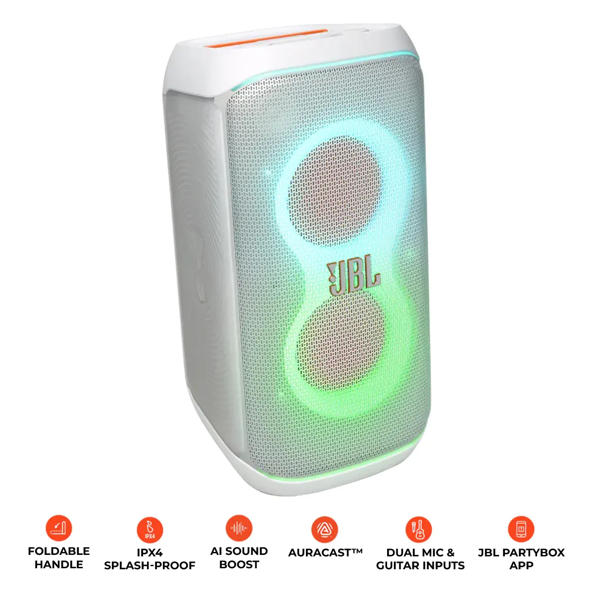 JBL PartyBox Club 120 Blanc Enceinte Bluetooth portable 160 W Effets lumineux USB AUX (1200130019128) 26 1200130019128 Maroc JBL PartyBox Club 120 Blanc Maroc Enceinte portable Maroc Enceinte Bluetooth portable Maroc Enceinte JBL Maroc PartyBox Club 120 Maroc, L'enceinte JBL PartyBox Club 120 transforme n'importe quel espace en piste de danse. Le puissant son JBL Pro Sound emplit l'air tandis qu'un spectacle lumineux envoûtant, composé de lumières étoilées