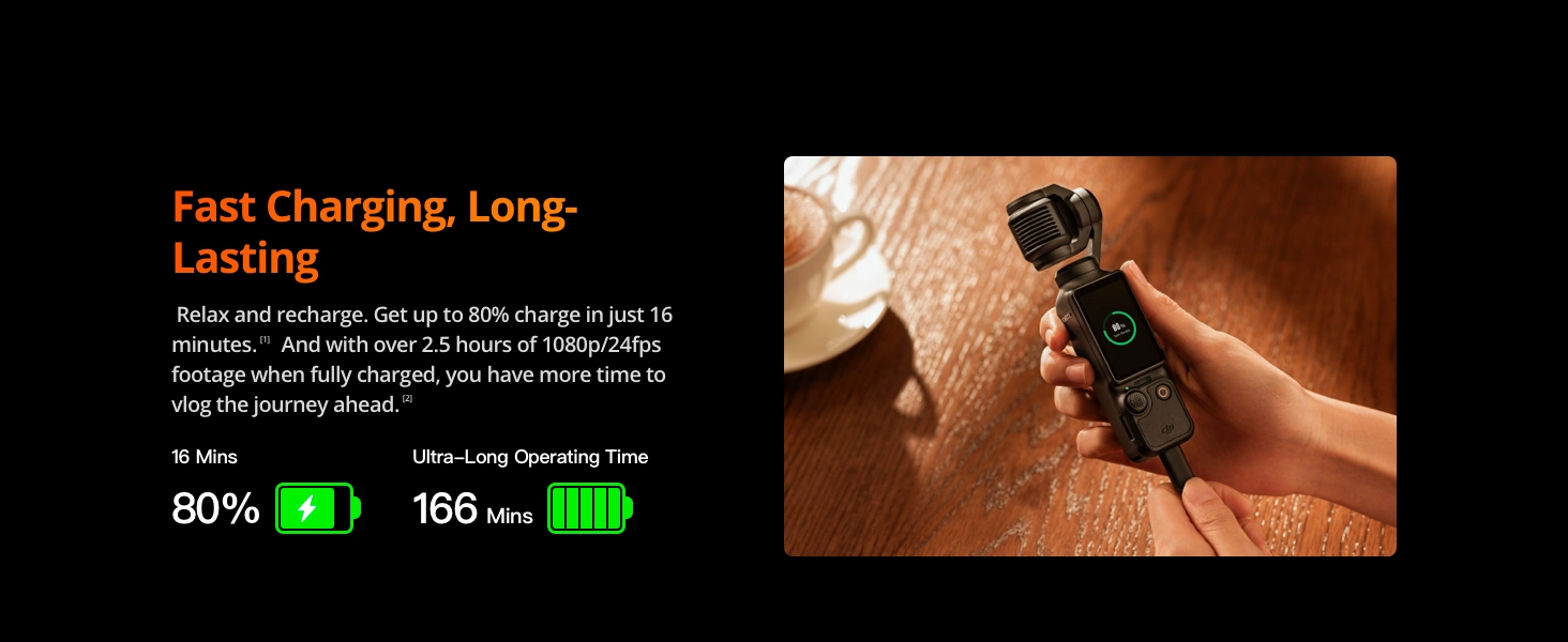 6941565969873 Maroc DJI Osmo Pocket 3 Maroc Caméra d'action DJI Maroc DJI Maroc, Rechargez votre batterie jusqu'à 80 % en seulement 16 minutes. Et avec plus de 2,5 heures d'enregistrement vidéo en 1080p 