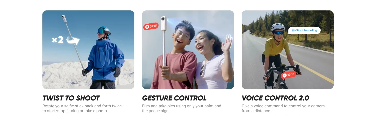 6977644764763 Maroc Caméra d'action Maroc Insta360 X4 Air Maroc Insta360 X4 Air Starter Bundle Maroc Kit de démarrage pour caméra d'action Insta360 X4 Air Maroc, Grâce à l'insta360 X4 Air, vous pouvez désormais utiliser des gestes de la main pour démarrer/arrêter l'enregistrement ou prendre une photo 