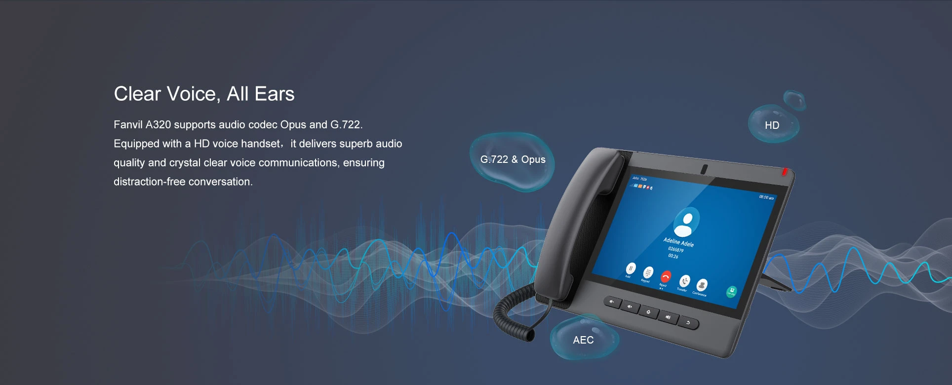 Fanvil Maroc Fanvil A320 Téléphone IP FIX Maroc Téléphone IP 20 compte SIP Maroc Téléphone VOIP Maroc Téléphone fanvil Maroc, Le Fanvil A320 offre une expérience audio HD grâce aux codecs G.722 et Opus, l'annulation d'écho acoustique et la réduction du bruit, garantissant des appels d'une clarté exceptionnelle.