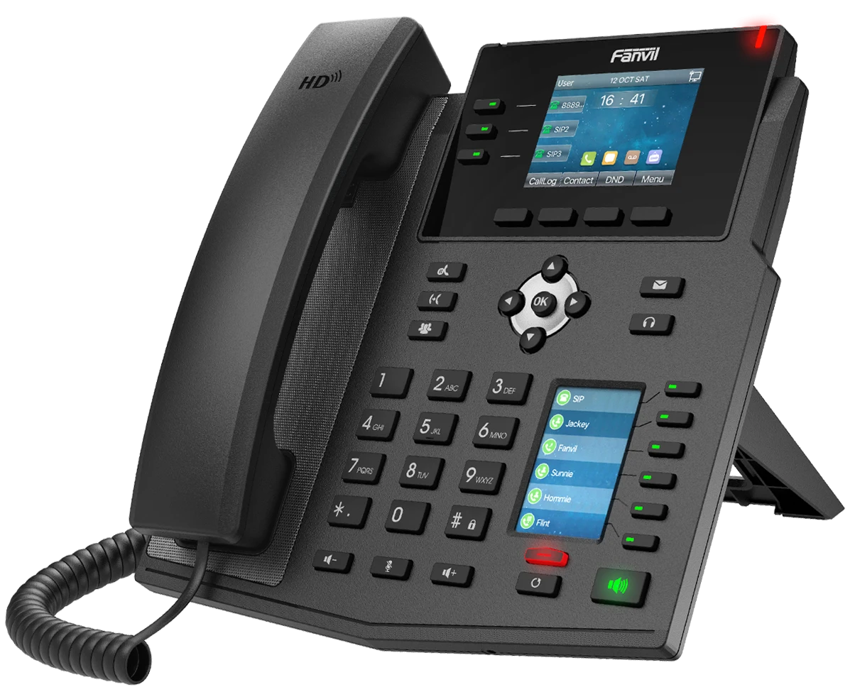 Fanvil Maroc Fanvil X4U Maroc Téléphonique IP professionnel Maroc Téléphone Fanvil Maroc Téléphone IP 12 compte SIP Maroc Téléphone VOIP Maroc, Le Fanvil X4U est un téléphone IP professionnel haute performance conçu pour répondre aux besoins des entreprises les plus exigeantes. Équipé d'un écran couleur principal de 2,8 pouces et d'un écran étendu de 2,4 pouces, il offre une expérience utilisateur optimale grâce à ses fonctionnalités avancées.