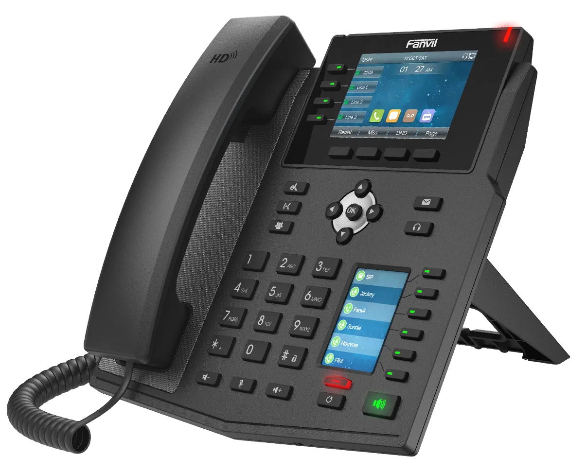 Fanvil Maroc Fanvil X5U Maroc Téléphonique IP professionnel Maroc Téléphone Fanvil Maroc Téléphone IP 12 compte SIP Maroc Téléphone VOIP Maroc, Le Fanvil X5U est un téléphone IP d'entreprise capable de gérer jusqu'à 16 comptes SIP. Ce modèle se distingue par sa particularité : il est équipé de deux écrans couleur