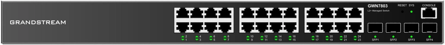 Grandstream GWN7803 Switch administrable Niveau 2+ 24 ports Gigabit + 4 ports SFP (GWN7803) 24 Switch Grandstream Maroc Grandstream GWN7803 Maroc Switch administrable Niveau 2 Maroc 24 ports Gigabit Maroc Commutateur de réseau administré Maroc, Le GWN7803 est un commutateur de réseau administré niveau 2+ conçu spécifiquement pour les petites et moyennes entreprises souhaitant déployer un réseau performant, sécurisé et évolutif.