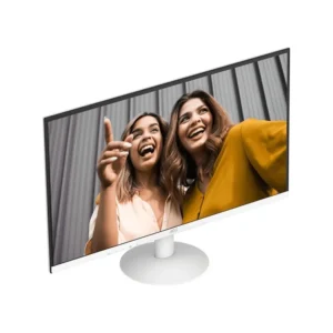 Moniteur d'ordinateur AOC 27 pouces blanc affichant un contenu multimédia.
