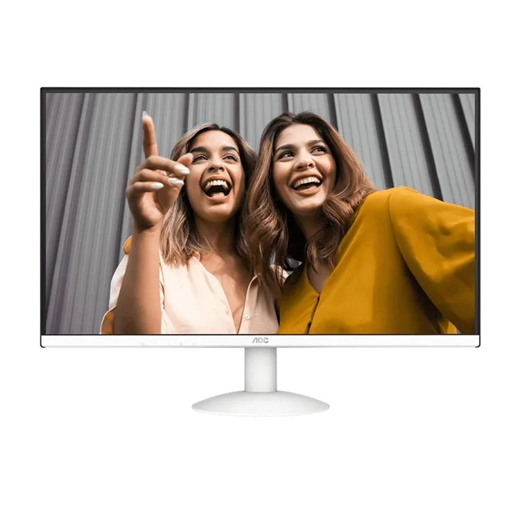 Écran AOC blanc affichant deux personnes souriantes et joyeuses.
